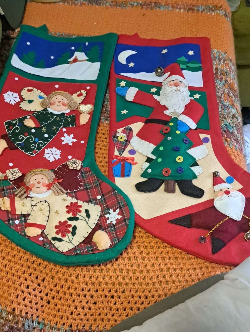 Vintage 3d Felt Festive Santa & Angel Holiday Stockings - Red & Green